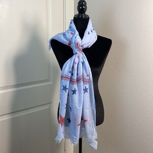 Women’s Blue Red Star Pattern Beachy Coastal Viscose Fringe Hem Scarf 72" X 27"